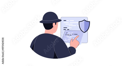 A detective character examining a document with a security shield icon. EPS Editable. Vector Illustrations.