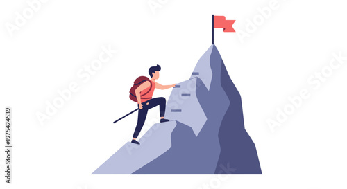 A determined hiker climbing a steep mountain peak with a red flag. EPS Editable. Vector Illustrations.