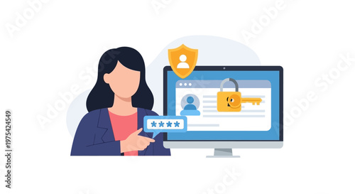A digital illustration of a woman securing her online personal account data. EPS Editable. Vector Illustrations.