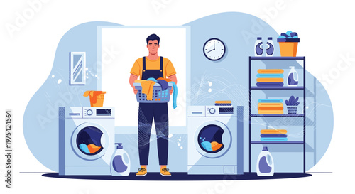 Man stands in a modern laundry room with two washing machines holding a basket full of clean colorful clothes for domestic chore concepts.