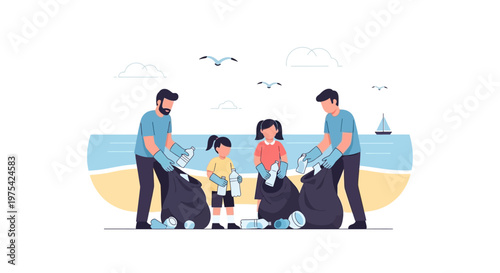 A family and volunteers collecting plastic waste on the beach. EPS Editable. Vector Illustrations.