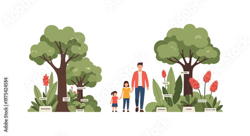 A father and his two children standing between lush green trees and exotic flowers. EPS Editable. Vector Illustrations.