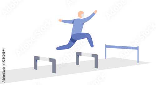 A flat vector illustration of a male athlete jumping over hurdles in a race. EPS Editable. Vector Illustrations.