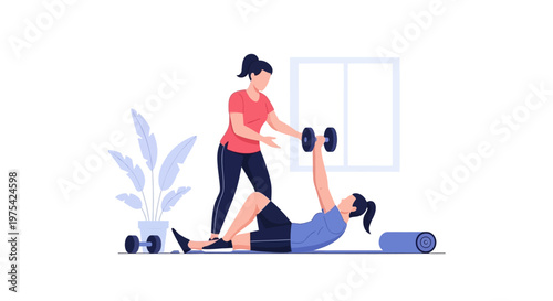 A fitness trainer assisting a woman with dumbbell chest press exercise. EPS Editable. Vector Illustrations.