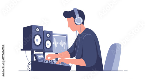 A male music producer wearing headphones working in a professional studio. EPS Editable. Vector Illustrations.