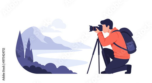 A male photographer taking pictures with a camera on a tripod. EPS Editable. Vector Illustrations.