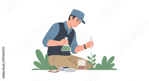 A male scientist performing agricultural research on a plant. EPS Editable. Vector Illustrations.