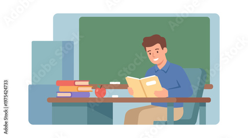 A male teacher reading a book at his desk in a classroom. EPS Editable. Vector Illustrations.