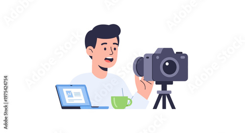 A male video content creator recording a tutorial with a camera and laptop. EPS Editable. Vector Illustrations.