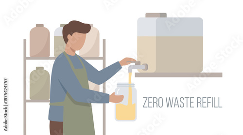 A man filling a glass jar at a zero waste refill shop station. EPS Editable. Vector Illustrations.