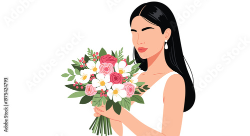 Beautiful woman with long dark hair holds a large bouquet of pink and white roses and wildflowers for a romantic or wedding celebration theme.