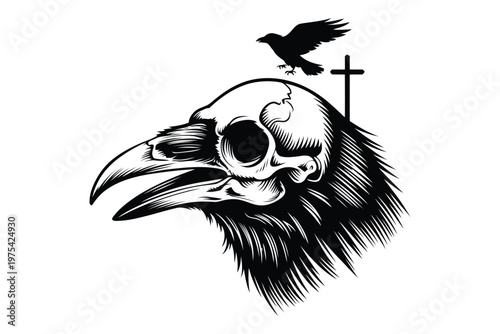 Black and white skull of a raven with a crow perched on a cross raven skull bird
