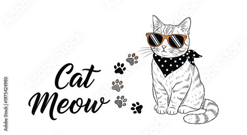 Fun illustration of a cool tabby cat wearing stylish sunglasses and a polka dot bandana with paw prints and cat meow text.
