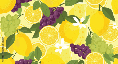 Vibrant seamless pattern featuring fresh yellow lemons, green and purple grapes, citrus slices, and white flowers on a sunny background.