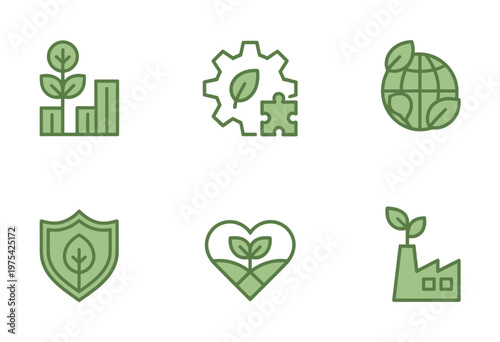 Ecology and green strategy monochrome icons with multi-purpose symbols featuring clean environmental elements such as leaves, recycling, energy, and sustainability concepts