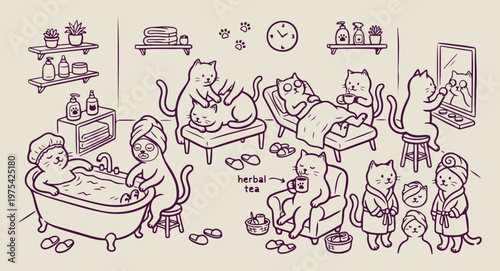 Relaxing cats at spa doodles, hand drawn feline wellness sketches, whimsical kittens getting massage graphics, cute animal self care illustrations, humorous pet beauty salon doodles, hand drawn kitty 