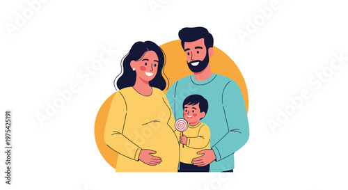 Happy young family portrait featuring a pregnant mother, a father, and their little son holding a colorful lollipop.