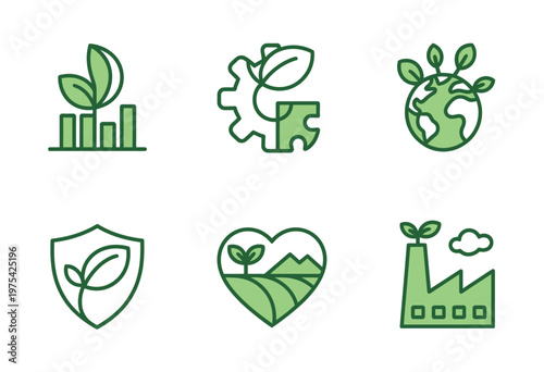 Ecology and green strategy monochrome icons showcasing a cohesive set of symbols representing renewable energy, recycling, nature, and sustainable practices, 