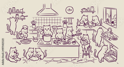 Funny cats cooking in the kitchen doodle, hand drawn feline chef characters, whimsical cats baking and frying graphics, cute animal culinary life sketches, humorous pet kitchen helper illustrations, c