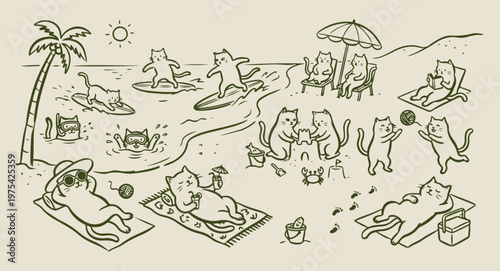 Funny cats at the beach vacation sketch, hand drawn feline summer holiday doodles, whimsical cats surfing and sunbathing, cute animal tropical vacation graphics, humorous pet summer lifestyle illustra