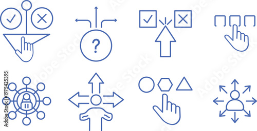Directional choice icon collection, minimalist road splitting symbols for problem solving and leadership concepts.