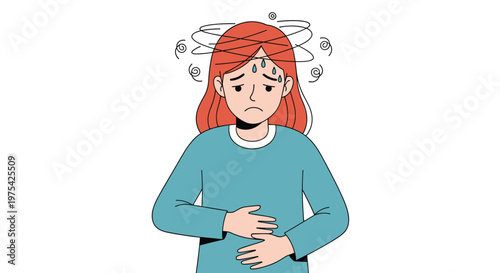 Illustration of a sick woman feeling dizzy with a headache and holding her stomach representing nausea or indigestion.