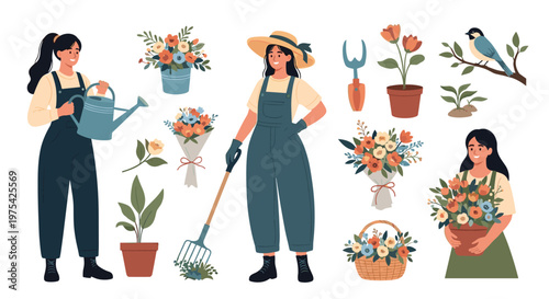 Comprehensive set of gardening illustrations including women working with plants flowers in pots tools and a small bird.