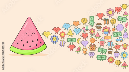Vibrant watermelon slice beside a diverse crowd of cartoon characters, symbolizing community, celebration, and summer fun