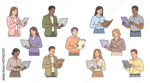 Diverse group of adults reading books and using tablets in a collaborative learning environment