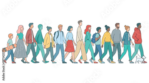 Diverse multi-ethnic group of people walking in a line, illustrating inclusion and urban life in a modern crowd