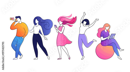 Vibrant group of five cartoon dancers performing energetic moves in a colorful vector illustration.