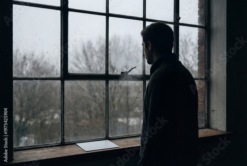 Man looks out a rainy window from a dark room