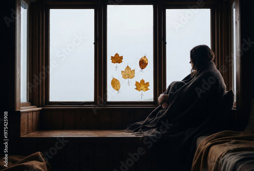Woman wrapped in blanket sitting by window with autumn leaves