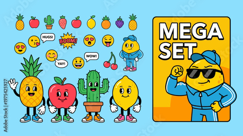 Playful group of anthropomorphic fruit characters with bold Mega Set packaging in a colorful cartoon illustration for kids, education, health, and marketing.