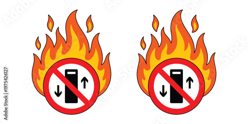 Fire warning, elevator lift icon set showcasing up and down arrows, elevator doors, and forbidden symbols, representing restricted use during emergencies such as fire, crafted as clear vector graphics