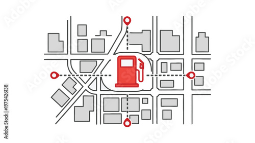 Urban city map with central red gas station icon and multiple pinpointed locations showing routes for fuel service and navigation.