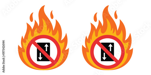 Fire warning, elevator lift icon set showcasing up and down arrows, elevator doors, and forbidden symbols, representing restricted use during emergencies such as fire, crafted as clear vector graphics