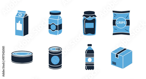 Food and Beverage Packaging Icon Set, Blue and Black Flat Vector Illustration of Product Containers and Boxes.