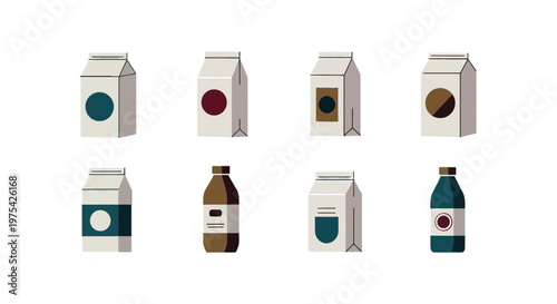 Minimalist Food and Drink Packaging Vector Icon Set, Flat Design Milk Carton, Bottles, and Paper Bags for Product Branding Identity.