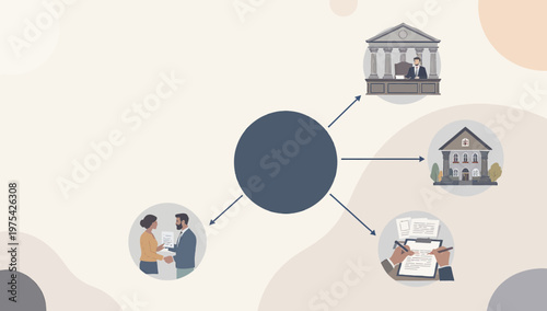 Conceptual diagram illustrating the interconnected ecosystem of business agreements, legal contracts, government administration, and judicial processes, stemming from a central decision point