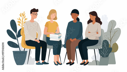 Diverse individuals engaged in a supportive group meeting or therapy session, fostering communication, collaboration, and mental wellness in a modern setting