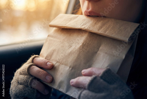Woman breathing into a paper bag to alleviate panic attack symptoms
