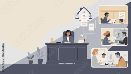 Illustration of a judge presiding over court proceedings with remote participants and legal documents displayed