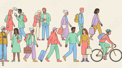 Diverse group of people walking on a colorful city street, an inclusive urban scene depicted in a vibrant vector illustration