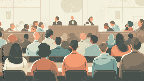 Diverse audience and expert panel engaged in a formal discussion or legal proceeding within a modern conference hall setting, capturing a professional assembly