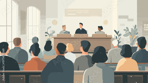The image depicts a courtroom scene with a judge and attorneys at the bench, facing an audience seated in the gallery