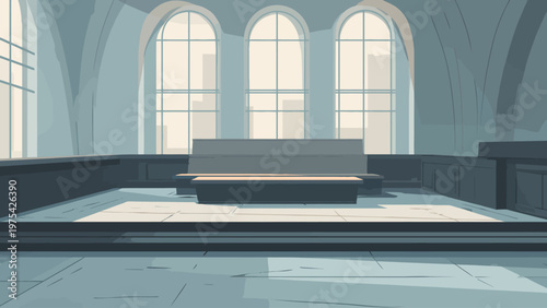 Serene and spacious formal hall featuring elegant arched windows, a prominent central platform