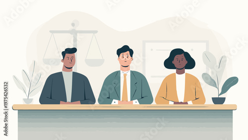 Professional illustration of a diverse judicial or arbitration panel, representing fairness, impartial decision-making, and ethical governance in legal proceedings