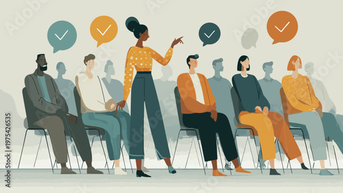Businesswoman leading a presentation or meeting with a diverse group of attentive people, engagement, and positive feedback icons
