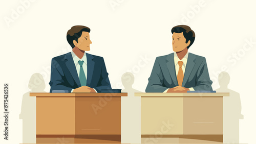 Two professional men in business suits engaged in an intense discussion or debate across conference tables, symbolizing negotiation, agreement, or conflict resolution in a corporate or legal setting